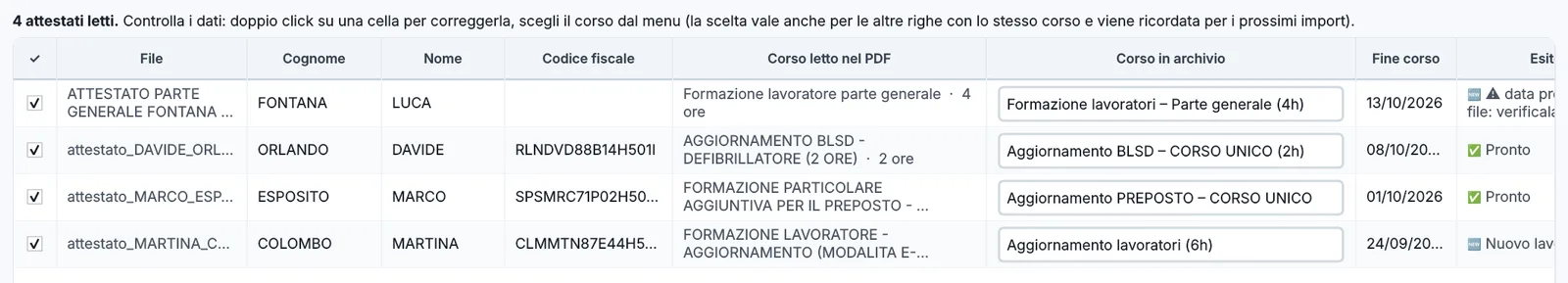 La revisione degli attestati letti, prima dell'importazione